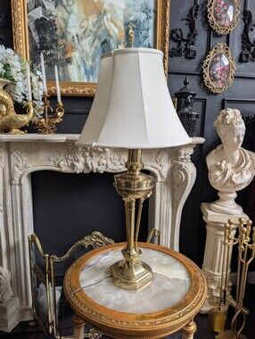 Vintage Solid Brass Recency Stiffel Table Lamp, 3-legged on/off base, Shell